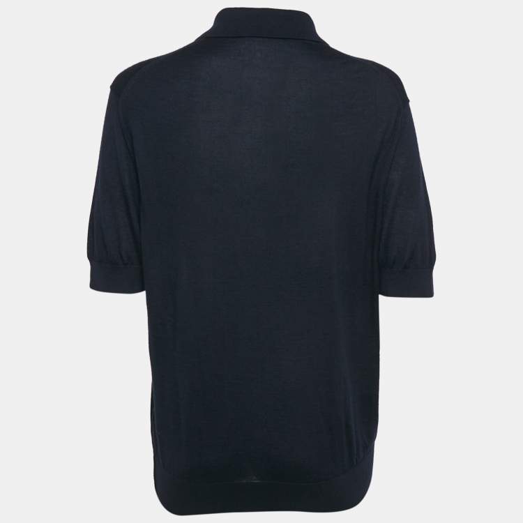 Pre Owned Dolce & Gabbana Navy Blue Bug Embellishment Cashmere Polo T-Shirt L