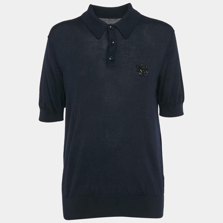 Pre Owned Dolce & Gabbana Navy Blue Bug Embellishment Cashmere Polo T-Shirt L