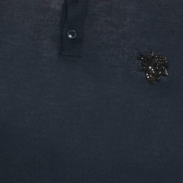 Pre Owned Dolce & Gabbana Navy Blue Bug Embellishment Cashmere Polo T-Shirt L