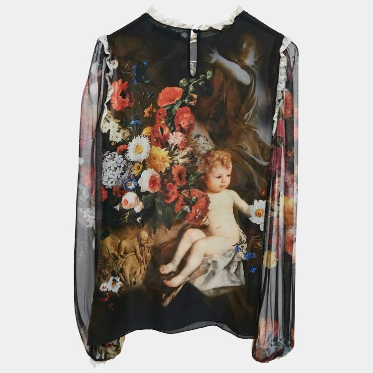 Pre Owned Dolce & Gabbana Black Cherub Print Lace Trimmed Silk Top S