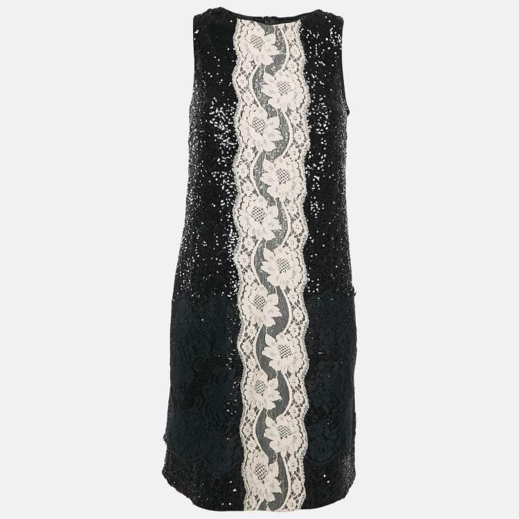 Pre Owned Dolce & Gabbana Black Sequin Lace Trimmed Sleeveless Mini Dress M