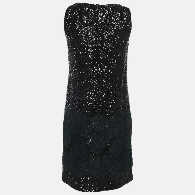 Pre Owned Dolce & Gabbana Black Sequin Lace Trimmed Sleeveless Mini Dress M