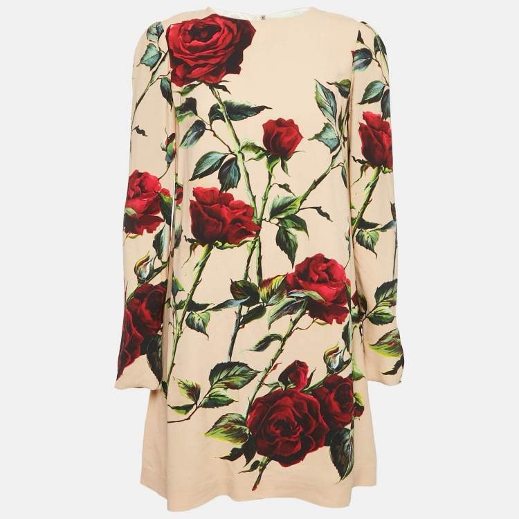 Pre Owned Dolce & Gabbana Caramel Beige Floral Print Crepe Mini Dress M