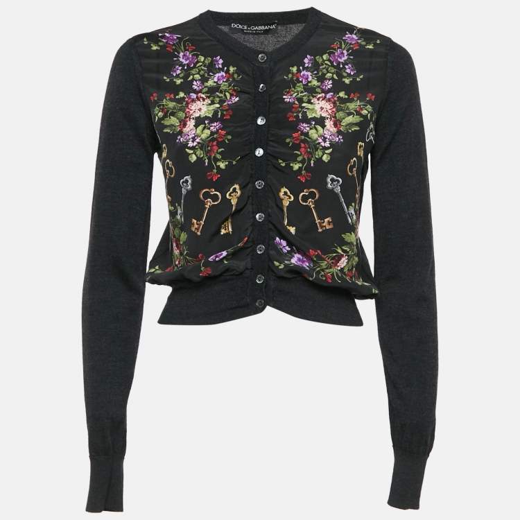 Pre Owned Dolce & Gabbana Black Floral Print Silk & Wool Knit Ruched Cardigan M