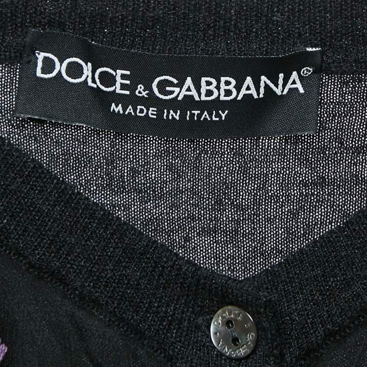 Pre Owned Dolce & Gabbana Black Floral Print Silk & Wool Knit Ruched Cardigan M