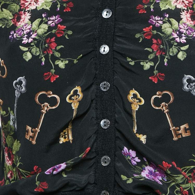 Pre Owned Dolce & Gabbana Black Floral Print Silk & Wool Knit Ruched Cardigan M