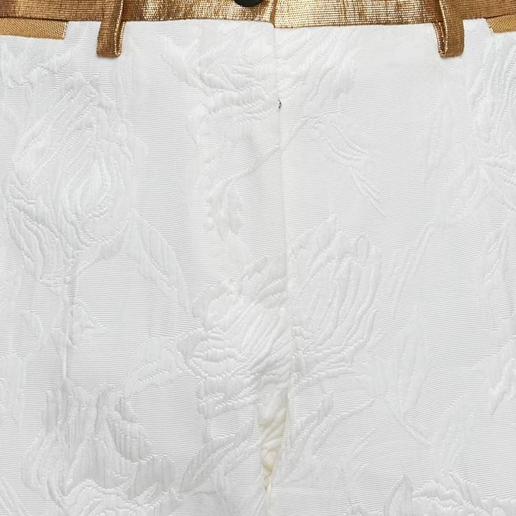 Pre Owned Dolce & Gabbana White Floral Jacquard Contrast Trimmed Trousers M