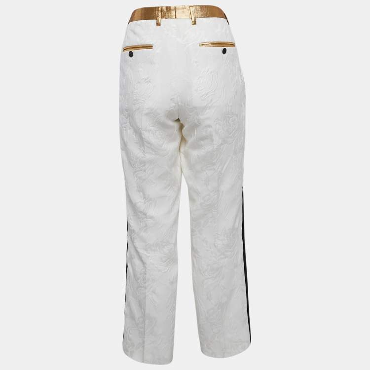 Pre Owned Dolce & Gabbana White Floral Jacquard Contrast Trimmed Trousers M