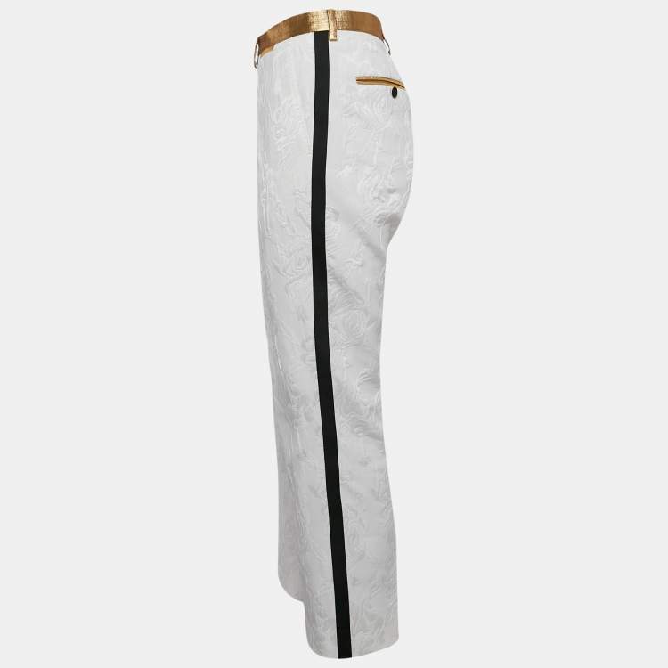 Pre Owned Dolce & Gabbana White Floral Jacquard Contrast Trimmed Trousers M
