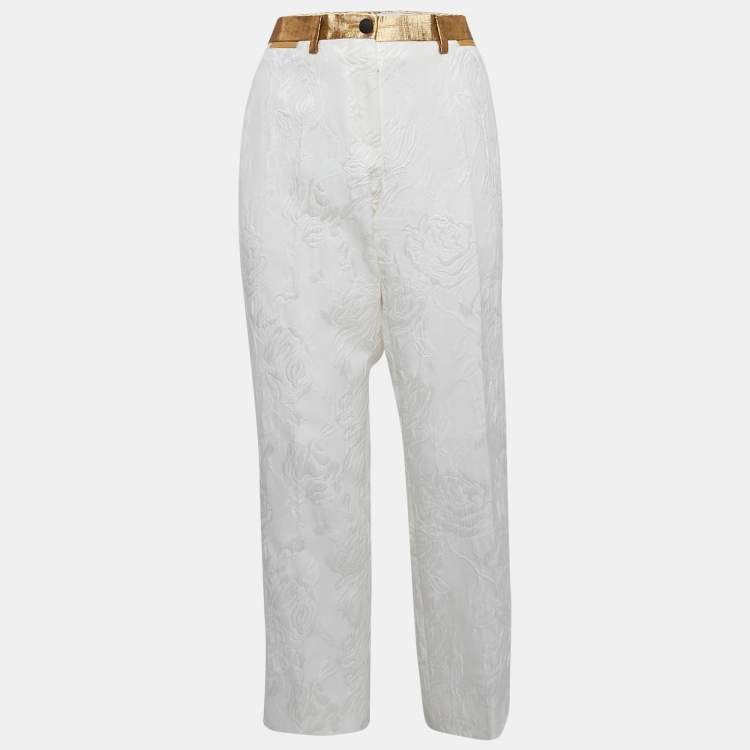 Pre Owned Dolce & Gabbana White Floral Jacquard Contrast Trimmed Trousers M