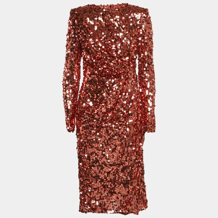 Pre Owned Dolce & Gabbana Metallic Sequin Mesh Midi Dress M