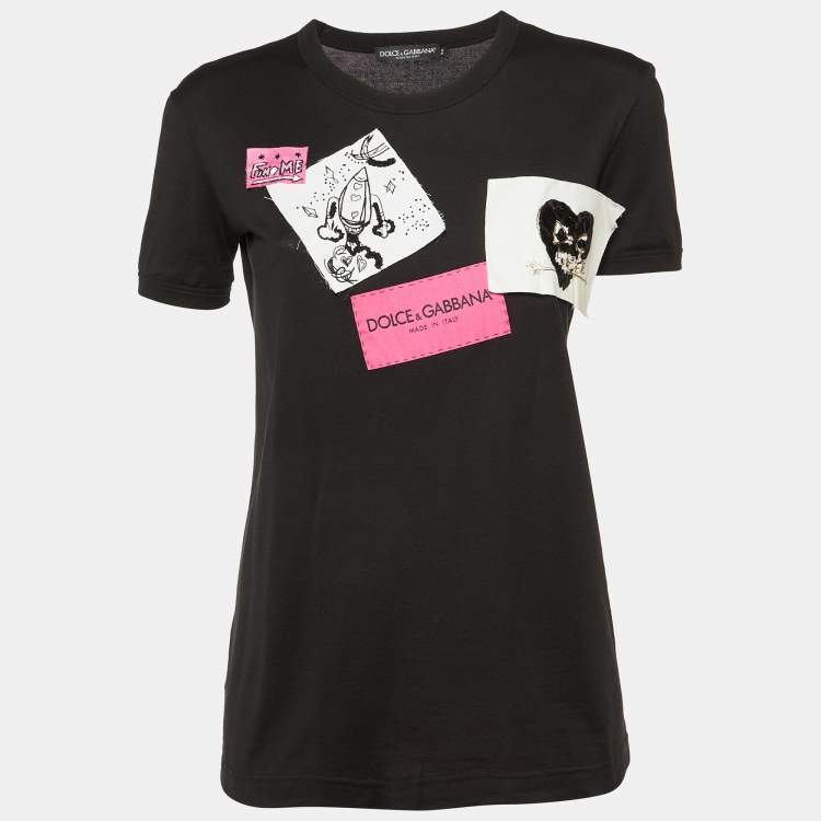 Pre Owned Dolce & Gabbana Black Cotton Patch Detail Crew Neck T-Shirt XS