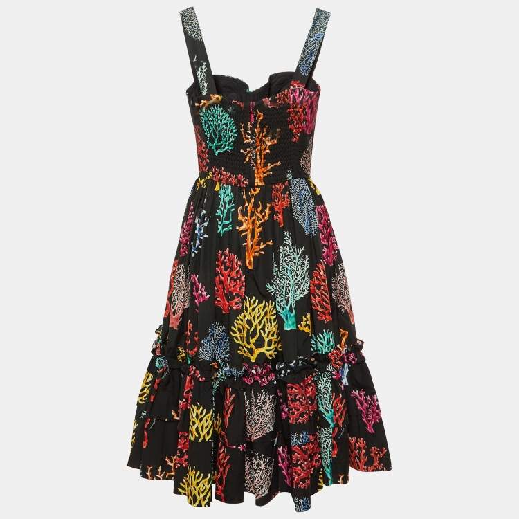Pre Owned Dolce & Gabbana Black Coral Reef Print Cotton Corset Dress M