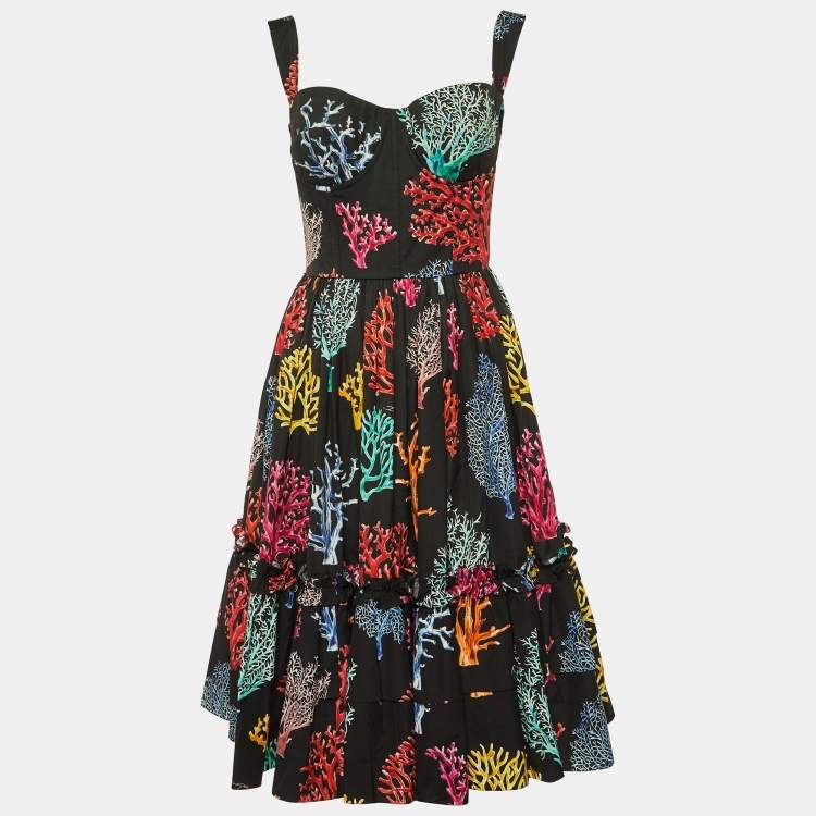 Pre Owned Dolce & Gabbana Black Coral Reef Print Cotton Corset Dress M