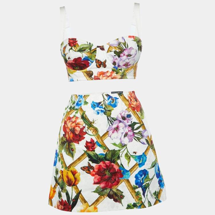 Pre Owned Dolce & Gabbana Multicolor Floral Print Cotton Blend Skirt and Top Set S