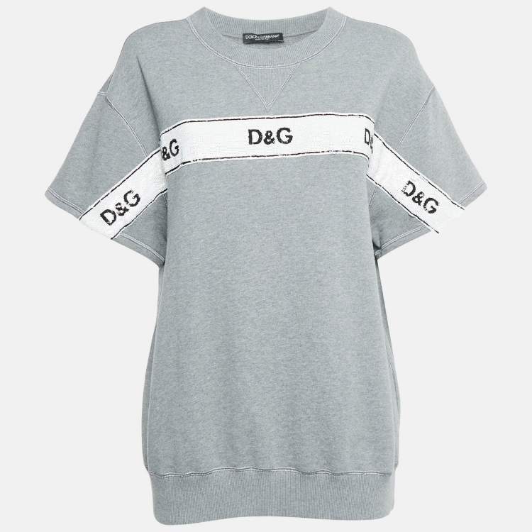 Pre Owned Dolce & Gabbana Grey Cotton Sequin Detail T-Shirt M