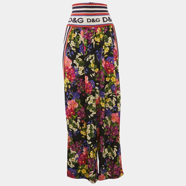 Pre Owned Dolce & Gabbana Black Floral Print Silk High Waist Pants L