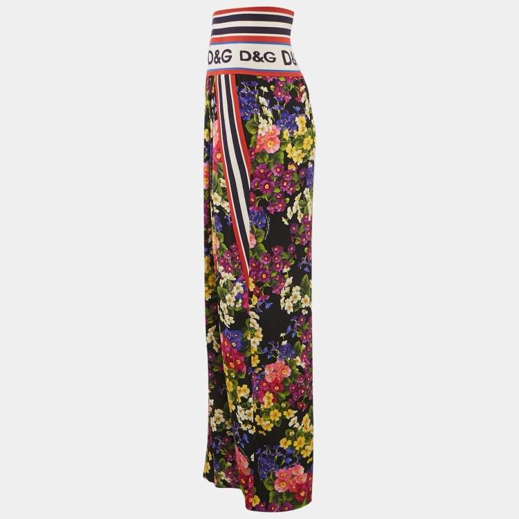 Pre Owned Dolce & Gabbana Black Floral Print Silk High Waist Pants L