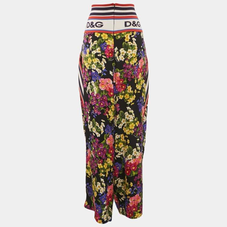Pre Owned Dolce & Gabbana Black Floral Print Silk High Waist Pants L
