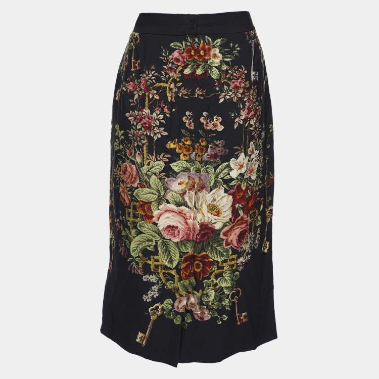 Pre Owned Dolce & Gabbana Dark Grey Floral Print Crepe Sheath Skirt L