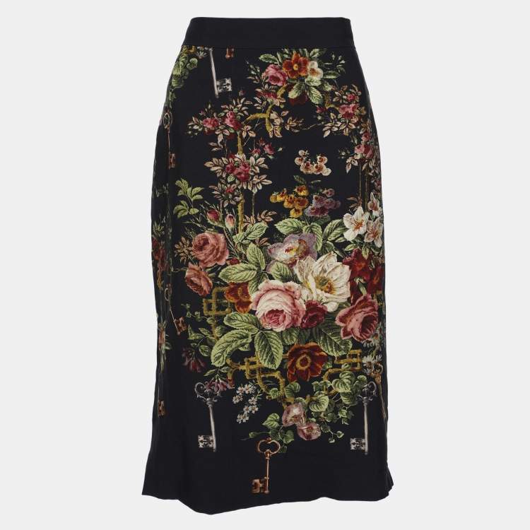 Pre Owned Dolce & Gabbana Dark Grey Floral Print Crepe Sheath Skirt L