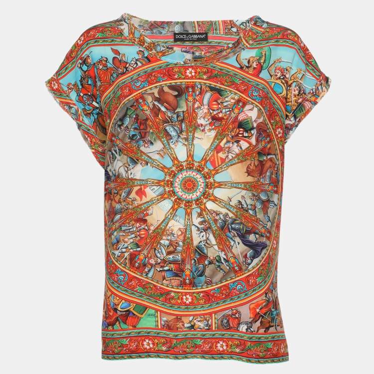 Pre Owned Dolce & Gabbana Multicolor Medieval Print Silk Cap Sleeve Top M