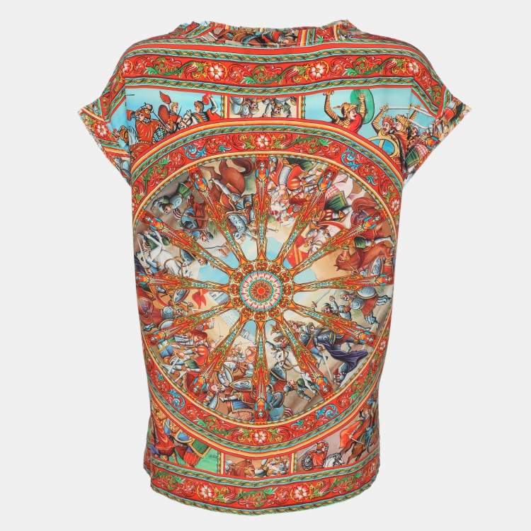 Pre Owned Dolce & Gabbana Multicolor Medieval Print Silk Cap Sleeve Top M