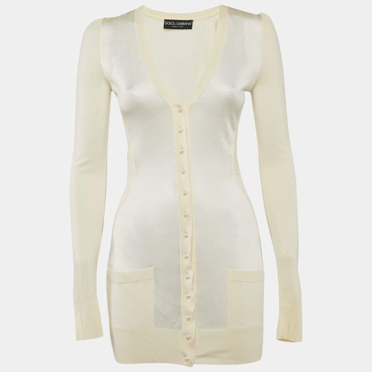 Pre Owned Dolce & Gabbana Cream Knit Bead Button Detail Cardigan XS