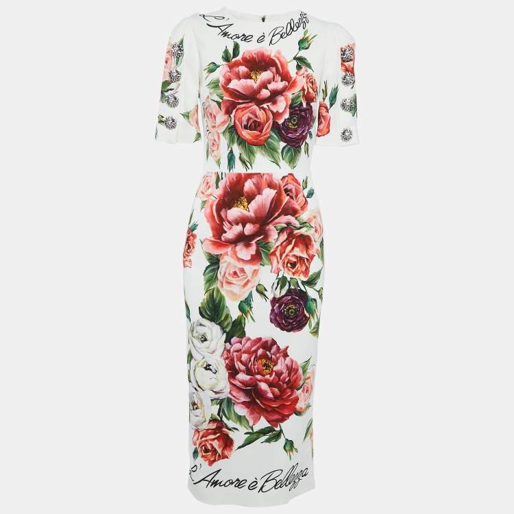 Pre Owned Dolce & Gabbana Multicolor Floral Print Crepe Brooch Detail Midi Dress S