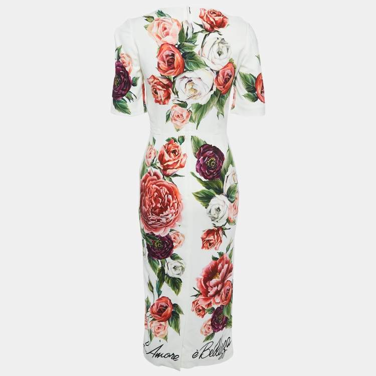 Pre Owned Dolce & Gabbana Multicolor Floral Print Crepe Brooch Detail Midi Dress S