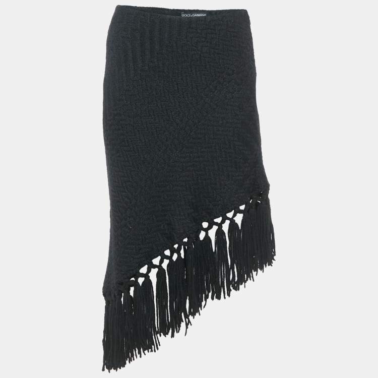 Pre Owned Dolce & Gabbana Black Patterned Wool Fringe Detail Asymmetric Skirt S