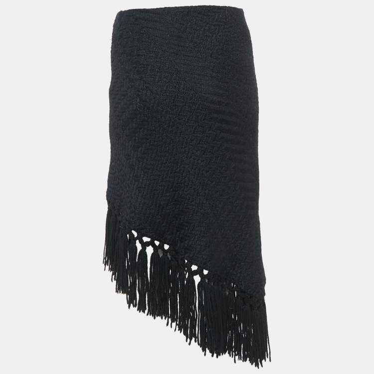 Pre Owned Dolce & Gabbana Black Patterned Wool Fringe Detail Asymmetric Skirt S