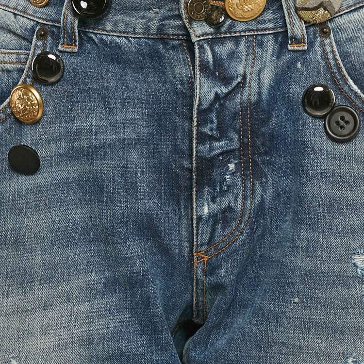 Pre Owned Dolce & Gabbana Blue Distressed Denim Button Detail Denim Jeans M Waist 31"