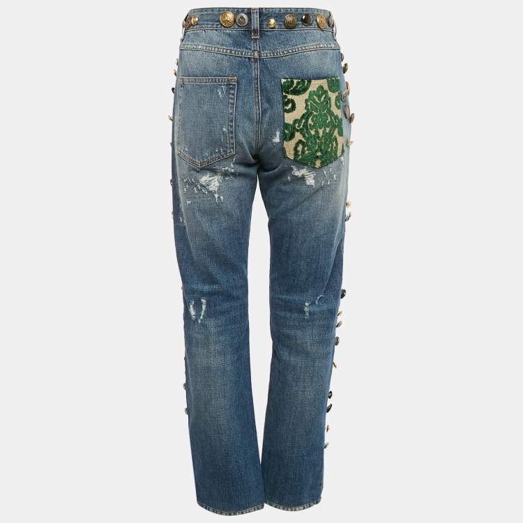 Pre Owned Dolce & Gabbana Blue Distressed Denim Button Detail Denim Jeans M Waist 31"