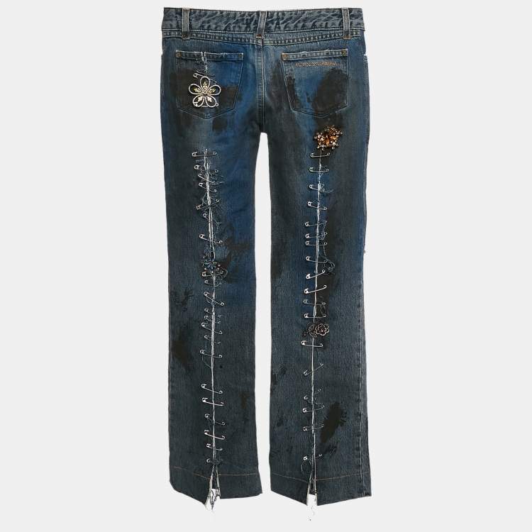 Pre Owned Dolce & Gabbana Blue Denim Safety Pin Detail Jeans M Waist 28"