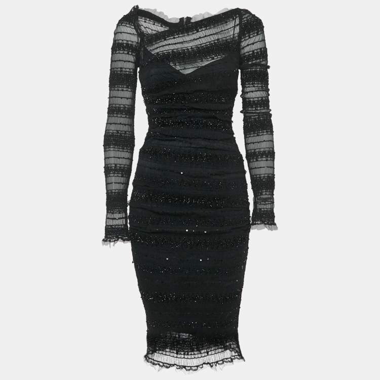 مملوكة مسبقًا Dolce & Gabbana Black Sequin Tulle Ruched Midi Dress M