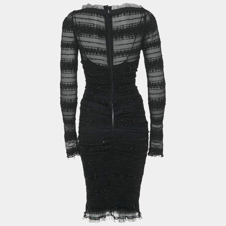 مملوكة مسبقًا Dolce & Gabbana Black Sequin Tulle Ruched Midi Dress M