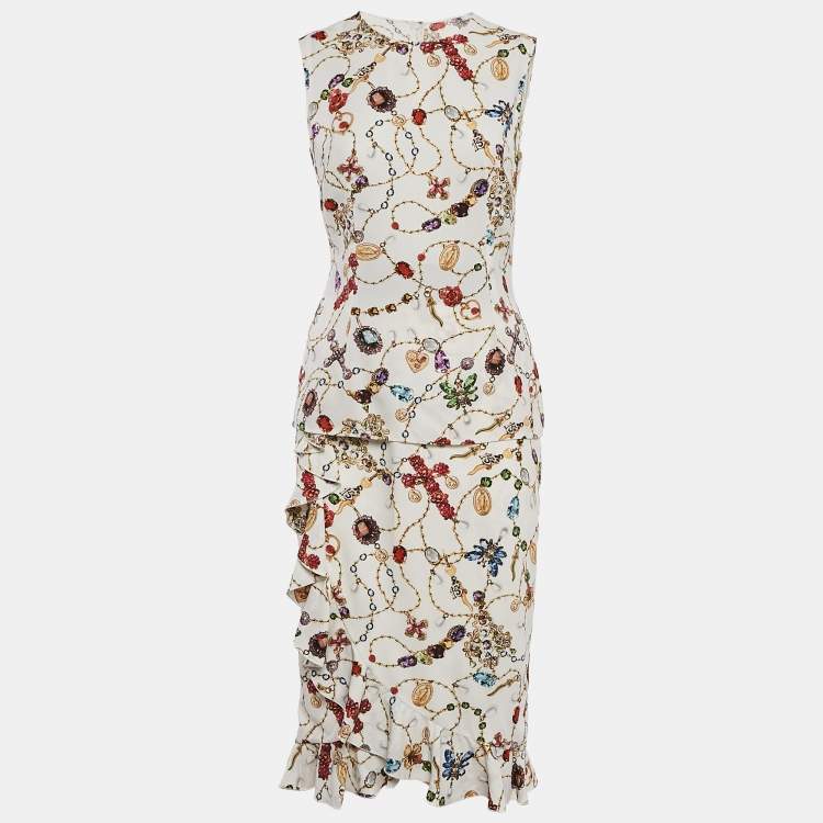 Pre Owned Dolce & Gabbana White Jewel Print Crepe Ruffled Skirt and Top Set S