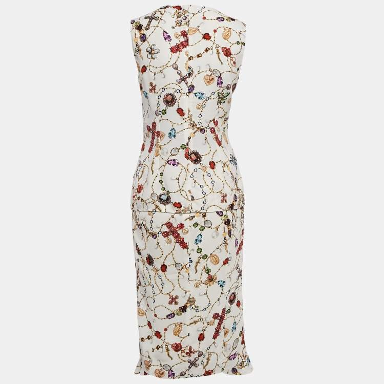 Pre Owned Dolce & Gabbana White Jewel Print Crepe Ruffled Skirt and Top Set S
