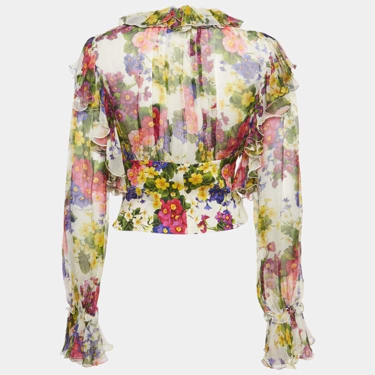 مملوكة مسبقًا Dolce & Gabbana White Floral Print Silk Ruffled Top S