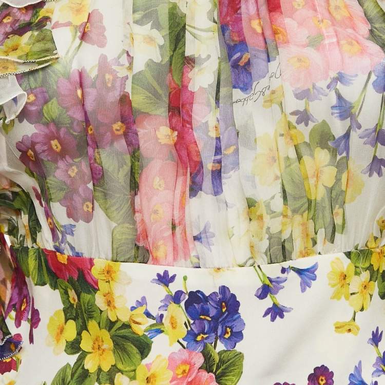 مملوكة مسبقًا Dolce & Gabbana White Floral Print Silk Ruffled Top S