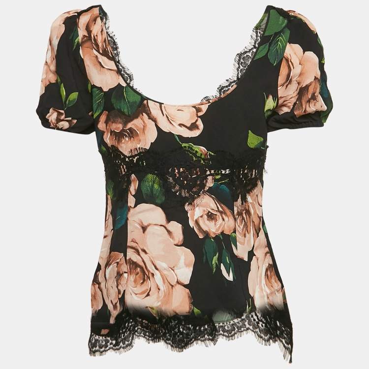 Pre Owned Dolce & Gabbana Black Rose Print Lace Trim Crepe Top M