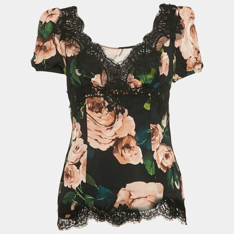 Pre Owned Dolce & Gabbana Black Rose Print Lace Trim Crepe Top M