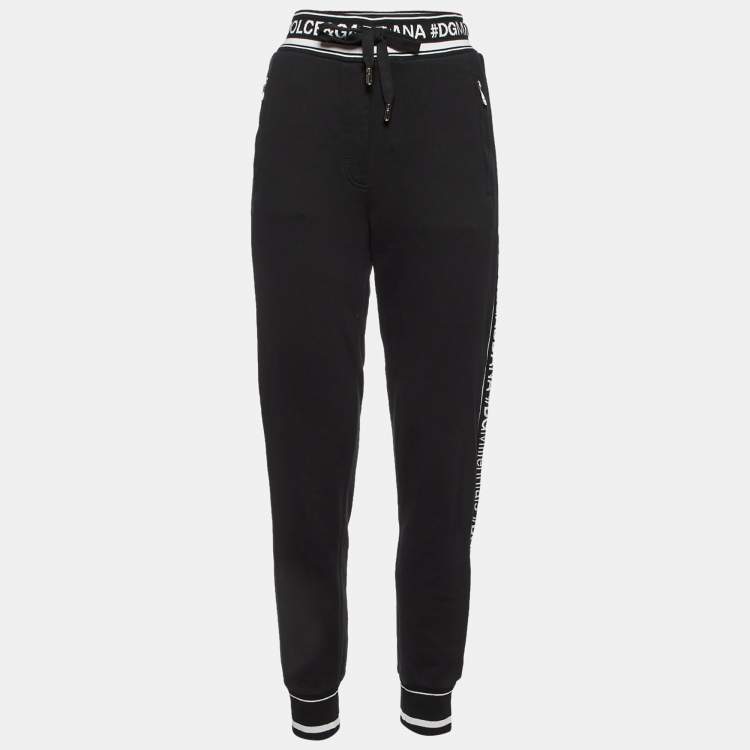 Pre Owned Dolce & Gabbana Black Cotton Logo Band Trim Joggers S