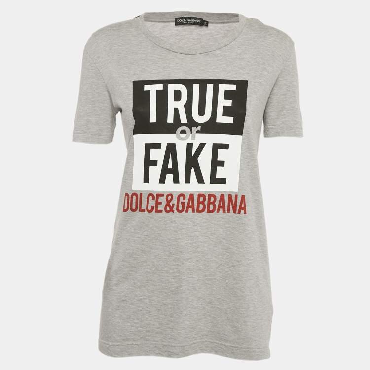 Pre Owned Dolce & Gabbana Grey Fake or Real Print Jersey T-Shirt XS