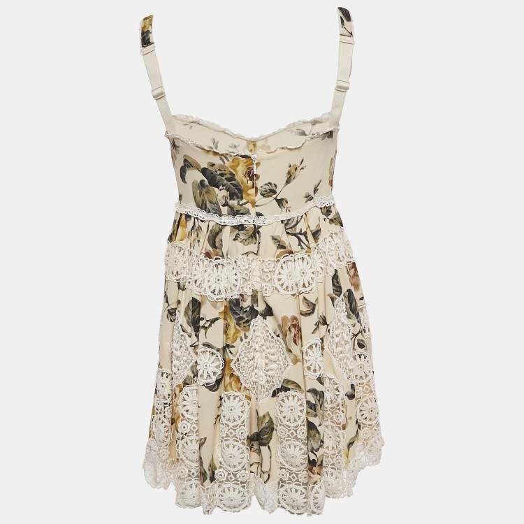 Pre Owned Dolce & Gabbana Beige Floral Print Lace Trim Cotton Blend Mini Dress S
