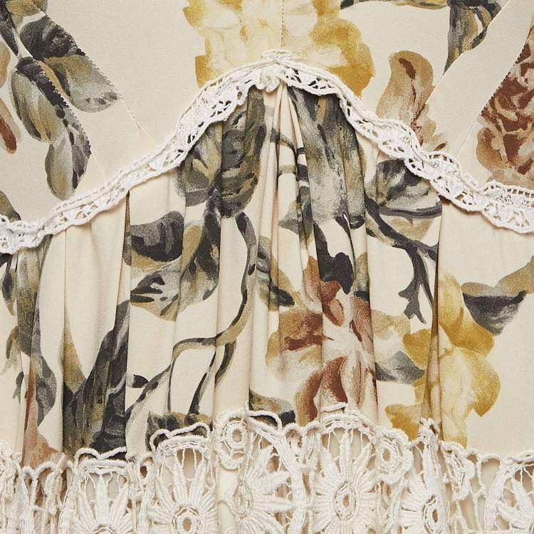 Pre Owned Dolce & Gabbana Beige Floral Print Lace Trim Cotton Blend Mini Dress S