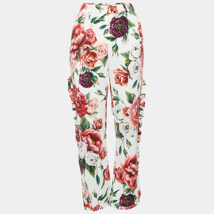 Pre Owned Dolce & Gabbana White Floral Print Crepe Ruffled Trousers M