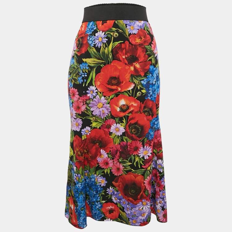 Pre Owned Dolce & Gabbana Black/Red Floral Print Silk Flared Midi Skirt M