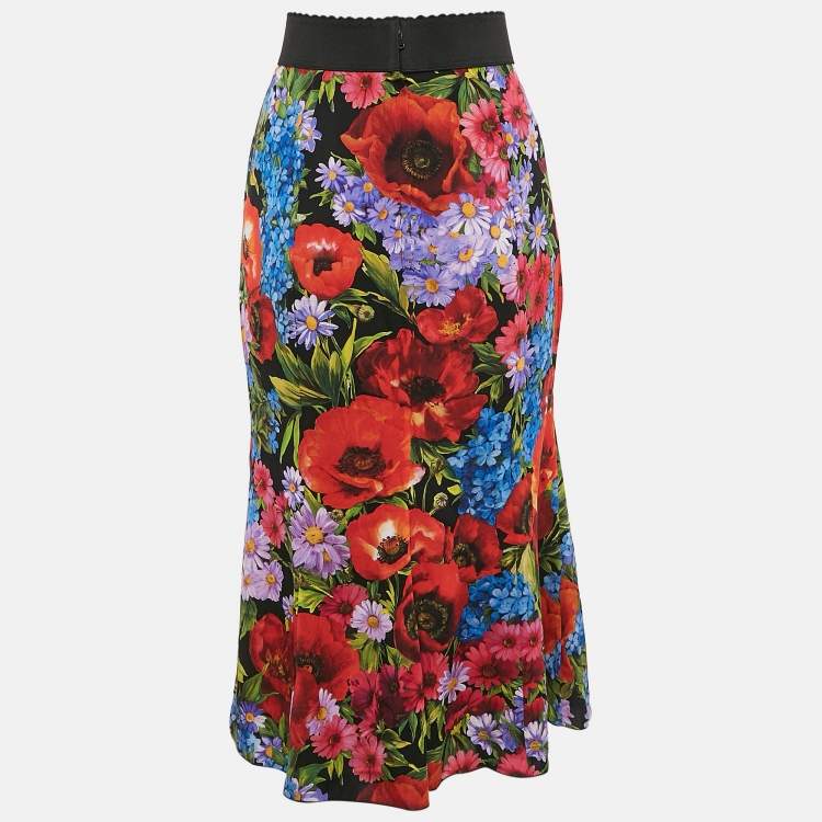 Pre Owned Dolce & Gabbana Black/Red Floral Print Silk Flared Midi Skirt M